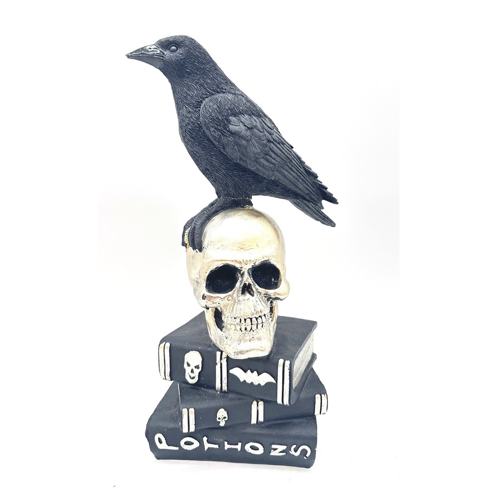 Raven Crow on Skull Potion Books Halloween Decor Black Silver Resin Statue 13.5"